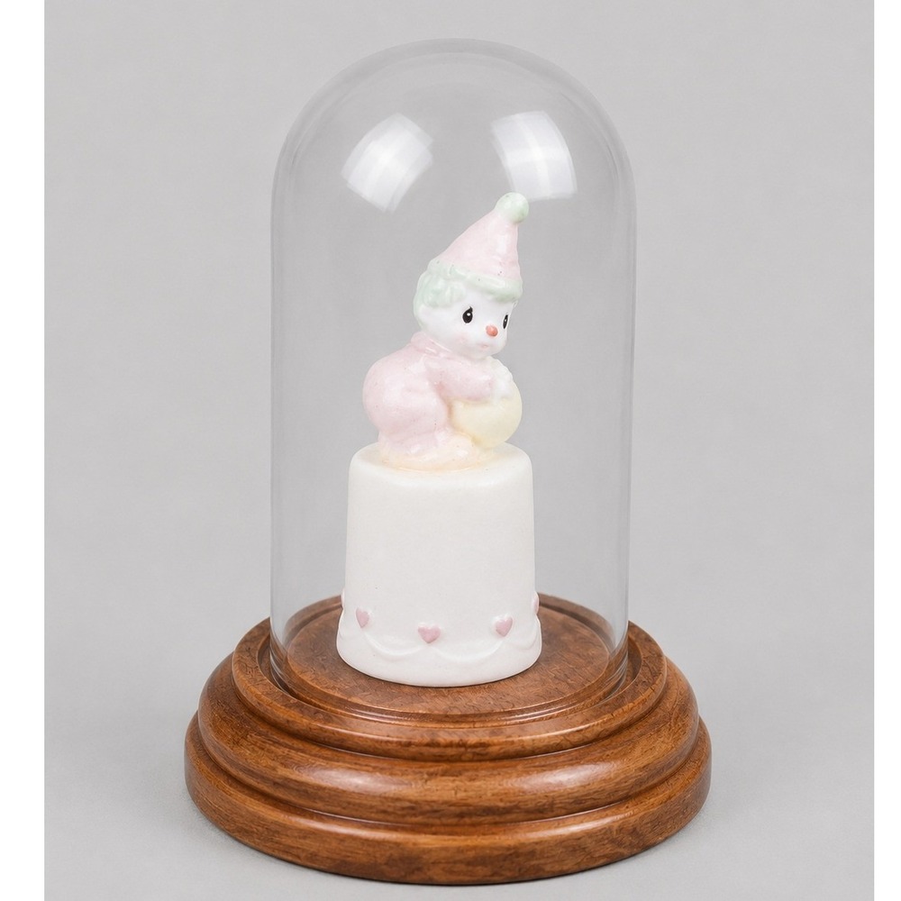 Vintage Bards Miniature Porcelain Clown Thimble Glass Cloche Dome Wood Base Set